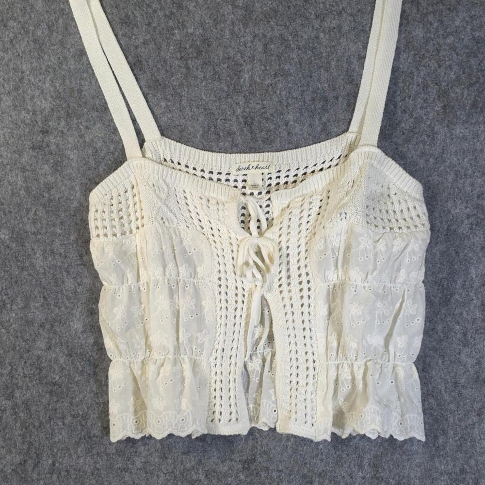 Derek Heart Cream Crochet Eyelet Lace Tie Front Cami Top Cottagecore Boho Large
